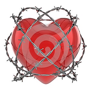 Red glossy heart surrounded by barbed wire