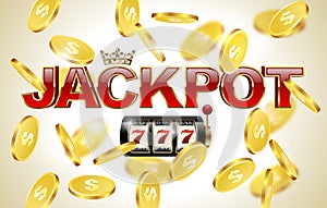 Red glossy jackpot text with crown, slot machine with lucky seven and falling golden coins