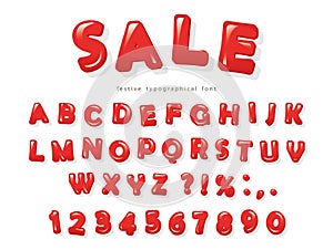 Red glossy letters and numbers with soft shadows. Festive font design.