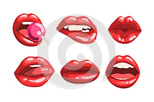 Red Glossy Lips as Girls Mouth with Lollipop and Half Open in Sensual Expression Vector Set