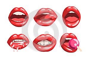 Red Glossy Lips as Girls Mouth with Lollipop and Half Open in Sensual Expression Vector Set