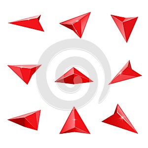 Red glossy navigation arrow realistic vector set.