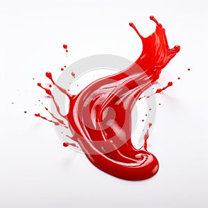 Red Glossy Paint Splash. Abstract Red Splatter On White Background. Dynamic Composition. Generative AI