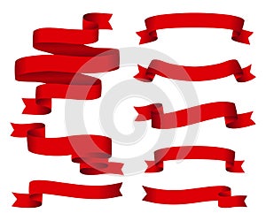 Red glossy ribbon vector banners set. Ribbons collection