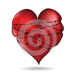 Red glossy sacred heart surrounded by barbed wire vector