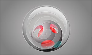Red glossy sphere, ball or orb. 3D vector object with dropped shadow on silver background.