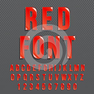 Red glossy vector font or red alphabet. Red colored typeface. Red colored alphabet typographic illustration.