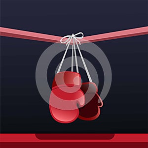 Red glove hanging on the boxing ring, retirement boxing player symbol illustration in dark background vector