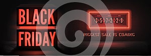 Red glowing black friday wide banner template with neon countdown timer on dark background