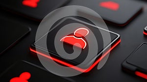 Red glowing button on black keyboard, power, technology, and control in digital design