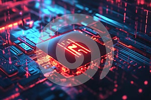 Red glowing chip on a circuit board