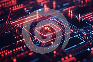 Red glowing circuit board with central processor security lock, Background