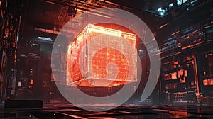 Glowing cube processing data in futuristic server room