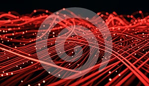 Red glowing data cables transferring information background