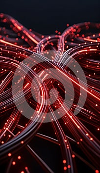 Red glowing data cables transferring information background
