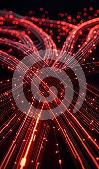 Red glowing data cables transferring information background