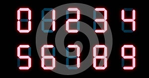 Red glowing digital numbers zero through nine with metallic outline