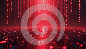 Red glowing digital rain with binary code. Abstract tech backdrop with matrix of datum streams, futuristic pattern design, light