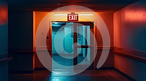 A Red Glowing Exit Label Above an Open Door. Way Out at the End of a Dark Room or Long Empty Corridor - New Possibilities, Hope