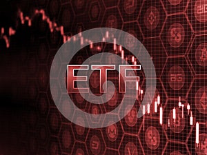 Red glowing text on candle stick chart with bitcoin and alt coins background. SEC delays decision approving ETF fund photo