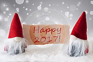Red Gnomes With Card And Snow, Text Happy 2017