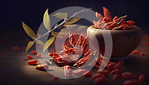 Red Gogi Berries Creatively Falling-Dripping Flying or Splashing on Dark Background Generative AI