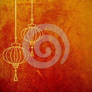 Red and gold abstract textured background with chinese lanterns. Lunar new year artistic wallpaper