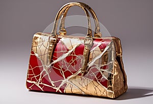 Red and gold bag with a crackled kintsugi texture, AI-generated.