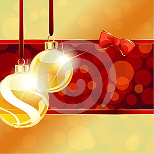 Red and gold banner with Christmas ornaments