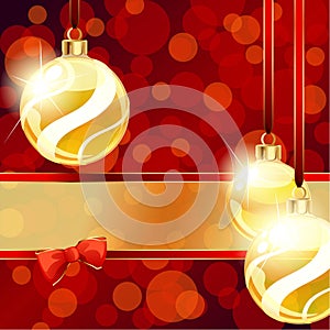 Red and gold banner with Christmas ornaments