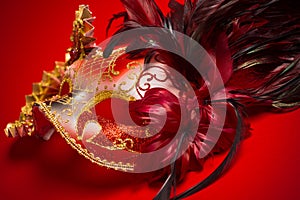A red, gold and black mardi gras mask on a red background