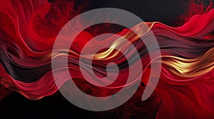 Red gold black smooth waves of liquid abstract background. Bright glossy plastic splash pattern.