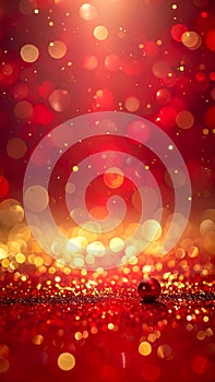 Red and gold bokeh lights with single red Christmas ornament on glittery surface holiday
