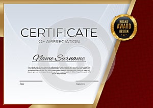 Red and gold Certificate of achievement template set with gold badge and border. Award diploma design blank. Vector Illustration