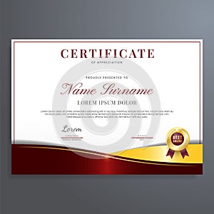 Red and gold certificate of appreciation template, modern luxury border certificate design with gold badge