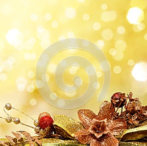 Red and gold Christmas baubles on background