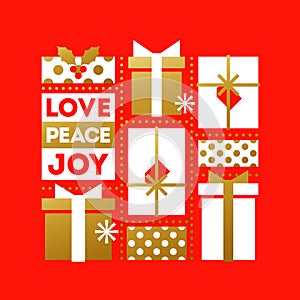 Red and gold Christmas card with holiday gift boxes and wishes of love, peace and joy