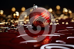 a red and gold christmas ornament on a shiny surface