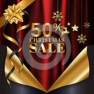 Red gold Christmas sale banner background page curl design ready to use for poster, web banner, advertisement with special