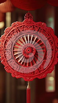 Red and gold decorative item hanging from ceiling. It is shaped like an ornate Chinese lantern, with intricate details