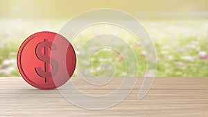 Red gold dollar coin Isolated on blur field of flowers background. 3d render isolated illustration, business, managment, risk,