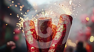 Red And Gold Firecrackers Exploding During Festive Celebration