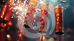 Red And Gold Firecrackers Exploding During Nighttime Celebration