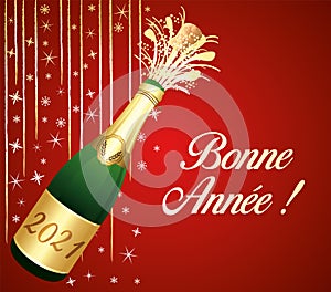 Red and gold french greeting card 2021 Happy New Year with uncorked bottle of Champaign. Vector illustration.