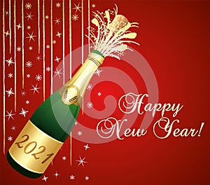 Red and gold greeting card 2021 Happy New Year with uncorked bottle of Champaign. Vector illustration.