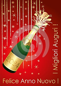 Red and gold Happy New Year 2024 Greeting card. Italian language. Format A4. Vector.