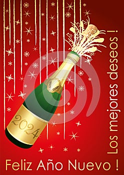 Red and gold Happy New Year 2024 Greeting card. Spanish language. Format A4. Vector.