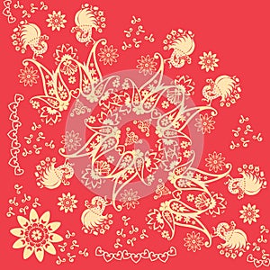 Red and gold khokhloma ornamental quarter of shawl. Russian, indian motives. Beautiful vector illustration with abstract flowers