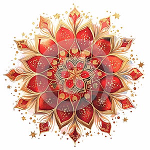 A red and gold mandala flower with a gold center