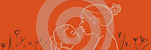 Red and gold mother and child silhouette with abstract background. Artistic concept for family